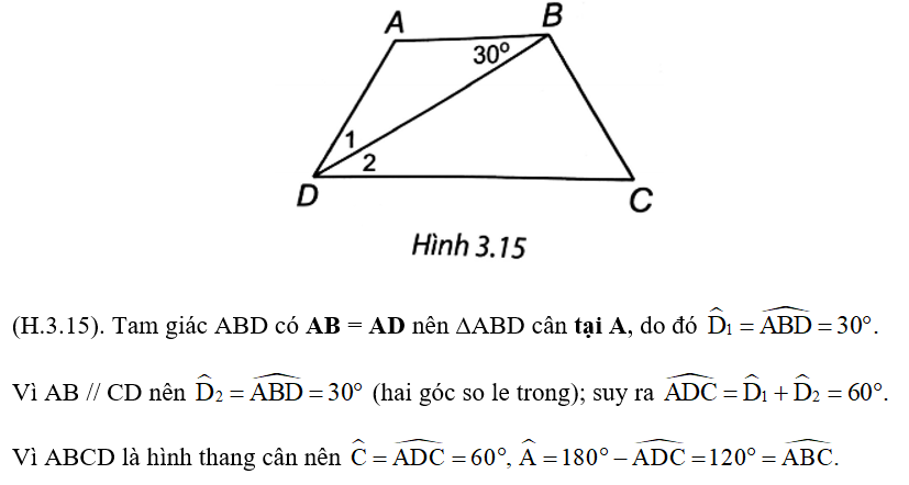 Cho hình thang cân ABCD (AB // CD) có AB = AD. Biết góc ABD= 30 độ  tính số đo góc của hình thang đó. (ảnh 1)