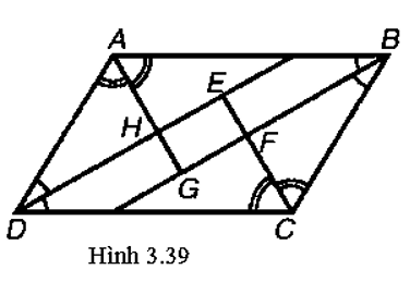 Cho hình bình hành ABCD. Các tia phân giác của góc A, B, C, D cắt nhau như trên Hình 3.39.    Chứng minh rằng EFGH là hình chữ nhật. (ảnh 1)