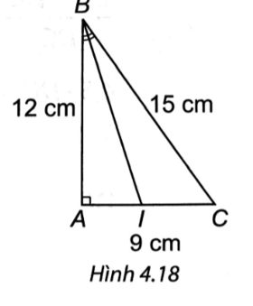 Quan sát Hình 4.18, biết BI là phân giác của góc B, AB = 12 cm, BC = 15 cm, AC = 9 cm. Độ dài đoạn IA là:   A. 5 cm. B. 4 cm. C. 6 cm. D. 3 cm. (ảnh 1)