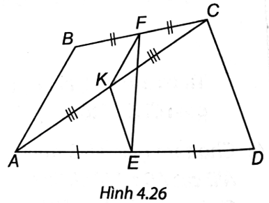 Cho tứ giác ABCD, gọi E, F, K lần lượt là trung điểm của AD, BC, AC. a) Chứng minh EK // CD, FK // AB. b) So sánh EF và   (ảnh 1)