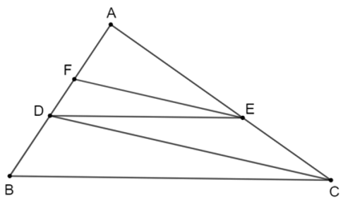 Cho tam giác ABC có AB = 9 cm, D là điểm thuộc cạnh AB sao cho AD = 6 cm. Kẻ DE song song với BC (E thuộc AC), kẻ EF song song với CD (F thuộc AB). Độ dài AF bằng A. 4 cm. B. 5 cm. C. 6 cm. D. 7 cm. (ảnh 1)