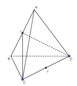 Cho tứ diện ABCD với I và J lần lượt là trung điểm các cạnh AB và CD. Mệnh đề nào sau đây đúng?  A. Bốn điểm I, J, B, C đồng phẳng; B. Bốn điểm I, J, A, C đồng phẳng; C. Bốn điểm I, J, B, D đồng phẳng;  D. Bốn điểm I, J, C, D đồng phẳng.  (ảnh 1)