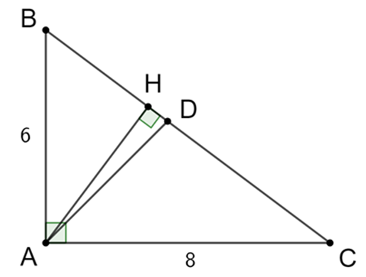 Cho tam giác ABC vuông tại A, đường cao AH, AB = 6 cm, AC = 8 cm. Tính BC (ảnh 1)