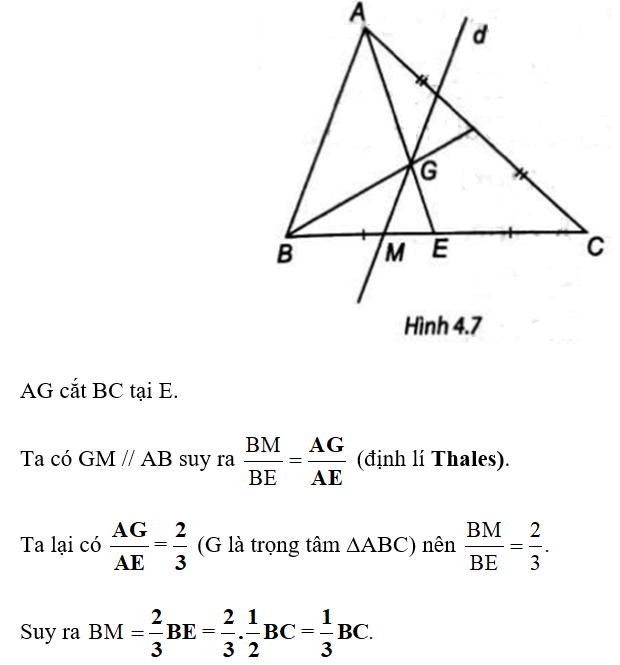 Cho ∆ABC có trọng tâm G. Vẽ đường thẳng d qua G và song song với AB, d cắt BC tại điểm M. Chứng minh rằng   (ảnh 1)