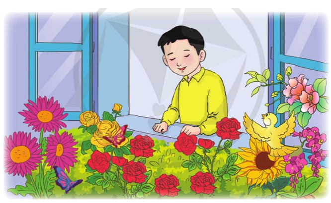 Bạn nhỏ đã khám phá khu vườn nhà mình bằng cách nào? Tìm ý đúng: a, Chăm sóc cây trong vườn hàng ngày. b, Nhìn ngắm các loài hoa trong vườn. c, Tập cảm nhận các loài hoa bằng xúc giác và khứu giác. d, Vừa nhắm mắt vừa mở cửa sổ để hít thở không khí trong lành. (ảnh 1)