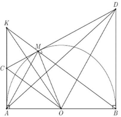 Cho nửa đường tròn tâm O đường kính AB, M là một điểm bất kỳ thuộc nửa đường  (ảnh 1)