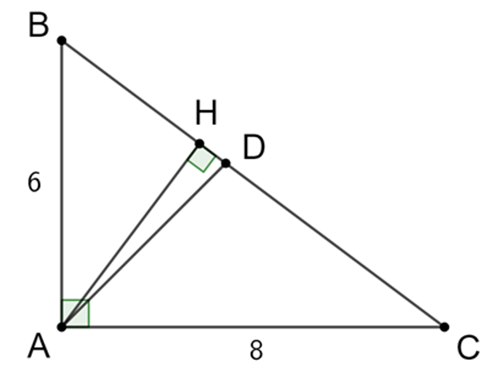 Cho tam giác ABC vuông tại A, đường cao AH, AB = 6 cm, AC = 8 cm. Tính BH (ảnh 1)