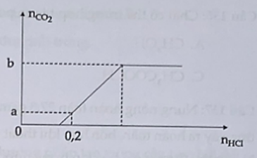 Cho từ từ dung dịch HCl vào dung dịch chứa 0,15 mol Na2CO3 và 0,10 mol KHCO3. Số mol khí CO2 thu được phụ thuộc vào số mol HCl được biểu diễn trên đồ thị hình bên. Giá trị của (a + b) là (ảnh 1)
