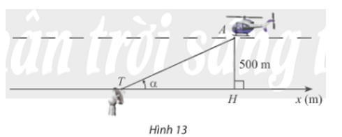 Trong Hình 13, một chiếc máy bay A bay ở độ cao 500m theo một đường thẳng đi ngang qua phía trên trạm quan sát T ở mặt đất. Hình chiếu vuông góc của A lên mặt đất là H, α là góc lượng giác (Tx, TA) (0 < α < π).a) Biểu diễn tọa độ xH của điểm H trên trục Tx theo α.  (ảnh 1)