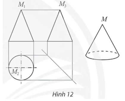 Trong bản vẽ biểu diễn hình nón trong Hình 12.   a) Khoảng cách giữa hai đường gióng nào cho ta biết chiều cao của hình nón? b) Khoảng cách giữa hai đường gióng nào cho ta biết độ dài đường kính đáy của hình nón? c) Nêu cách xác định điểm M3 biểu diễn đỉnh M của hình nón trong hình chiếu cạnh khi biết hai điểm M1 và M2 biểu diễn M trong hình chiếu đứng và hình chiếu bằng. (ảnh 1)