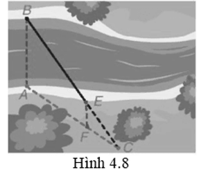 Để đo khoảng cách giữa hai vị trí B và E ở hai bên bờ sông, bác An chọn ba vị trí A, F, C cùng nằm ở một bên bờ sông sao cho ba điểm C, E, B thẳng hàng, ba điểm C, F, A thẳng hàng và AB // EF (H.4.8). Sau đó bác An đo được AF = 40 m, FC = 20 m, EC = 30 m. Hỏi khoảng cách giữa hai vị trí B và E bằng bao nhiêu?   (ảnh 1)