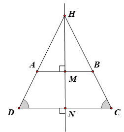 Tìm trục đối xứng của một hình thang cân ABCD có hai đáy là AB và CD. (ảnh 1)