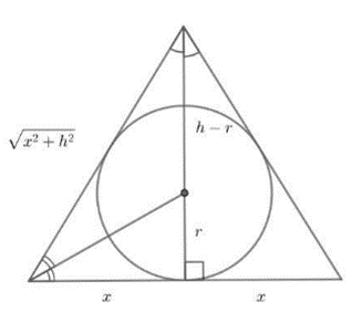 Tìm diện tích nhỏ nhất của các tam giác cân ngoại tiếp đường tròn bán kính r cho trước  (ảnh 1)
