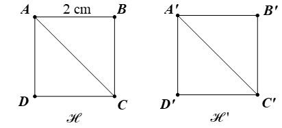 Cho phép dời hình f biến hình vuông ℋ  có cạnh bằng 2 cm thành hình vuông ℋ ’. Tìm diện tích của ℋ ’. (ảnh 1)