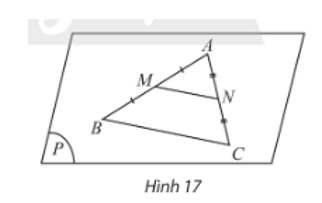 Trong mặt phẳng (P), cho tam giác ABC có M, N lần lượt là trung điểm của các đoạn thẳng AB, AC (Hình 17). Tính tỉ số  .  (ảnh 1)