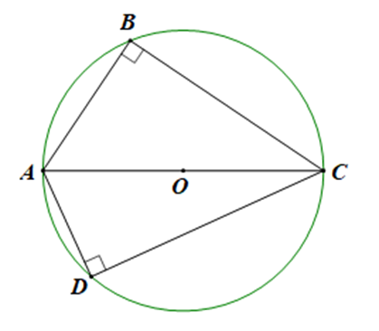 Cho tứ giác ABCD có hai góc đối ở đỉnh B và D cùng bằng 90 độ. Gọi O là trung điểm (ảnh 1)