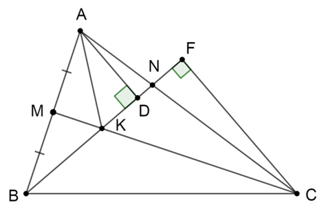 Cho tam giác ABC. Điểm M là điểm chính giữa cạnh AB. Trên cạnh AC lấy AN (ảnh 1)