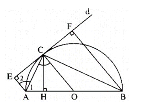 Cho nửa đường tròn tâm O, đường kính AB. Qua điểm C thuộc nửa đường tròn, kẻ tiếp (ảnh 1)