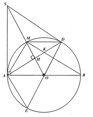 Cho đường tròn (O; R) có đường kính AB, lấy điểm M thuộc đường tròn (O) sao cho (ảnh 1)