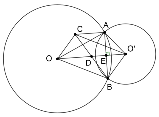 Cho (O) và (O') cắt nhau tại A và B. Vẽ hình bình hành OBO'C. Chứngminh: AC//OO' (ảnh 1)