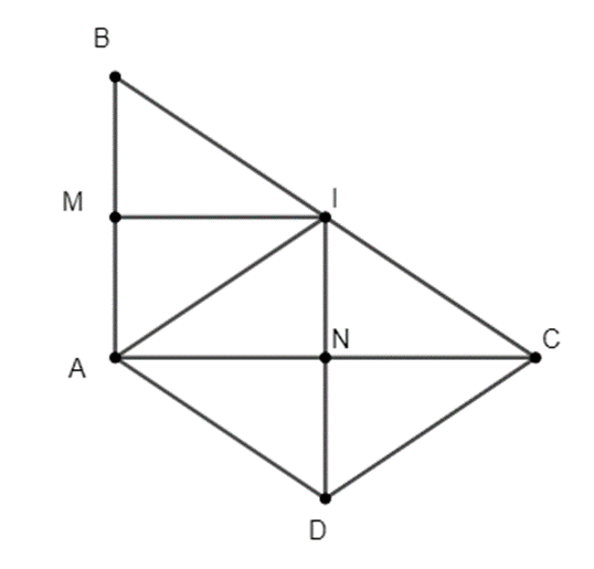 Cho tam giác ABC vuông tại A (AB < AC). Gọi I là trung điểm của cạnh BC. Qua I  (ảnh 1)
