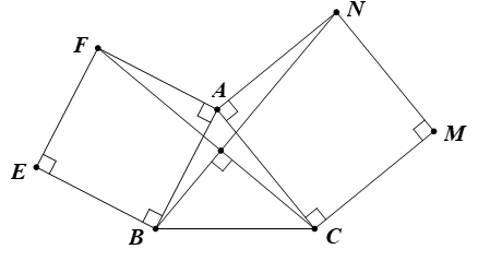 Cho tam giác ABC. Vẽ về phía ngoài của tam giác các hình vuông ABEF, ACMN. Chứng minh BN bằng và vuông góc với FC. (ảnh 1)