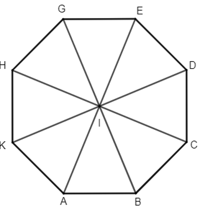 Cho bát giác đều ABCDEGHK với tâm I. Xác định ảnh của các điểm A, B, C, D qua phép đối xứng tâm I.  (ảnh 1)