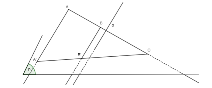 : Cho hai điểm A, B nằm ngoài mặt phẳng (α) và đường thẳng d cắt (α). Giả sử đường thẳng AB cắt (α) tại điểm O. Gọi A’ và B’ lần lượt là hình chiếu song song của A và B trên (α) theo phương của đường thẳng d. Ba điểm O, A’, B’ có thẳng hàng không? Vì sao? Chọn d sao cho: a) A’B’ = AB; b) A’B’ = 2AB.  (ảnh 1)