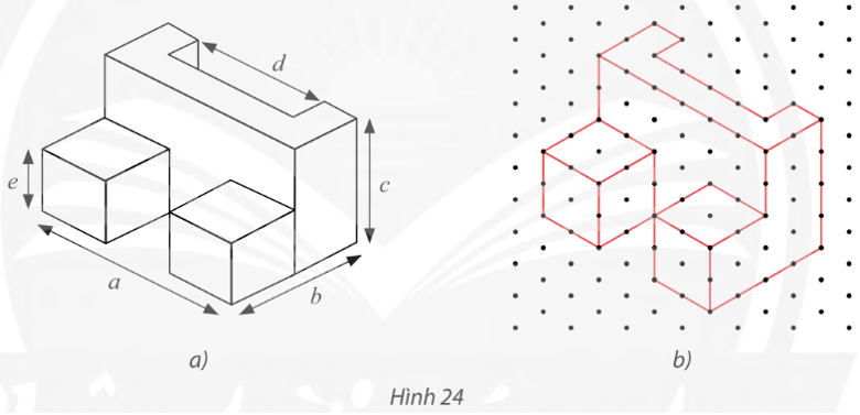 Tìm các kích thước a, b, c, d, e của chi tiết cơ khí trong Hình 24a có hình biểu diễn được vẽ trên giấy kẻ ô li là Hình 24b với quy ước mỗi cạnh của tam giác đều biểu diễn độ dài 1 cm. (ảnh 1)