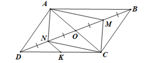 Cho hình bình hành ABCD có O là giao điểm của hai đường chéo. Gọi M, N lần lượt  (ảnh 1)