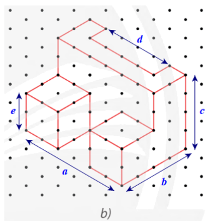 Tìm các kích thước a, b, c, d, e của chi tiết cơ khí trong Hình 24a có hình biểu diễn được vẽ trên giấy kẻ ô li là Hình 24b với quy ước mỗi cạnh của tam giác đều biểu diễn độ dài 1 cm. (ảnh 2)