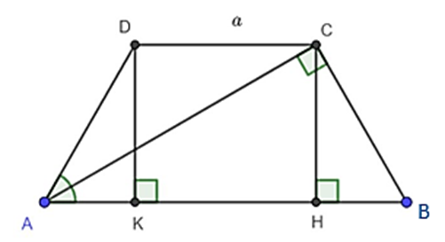 Cho hình thang cân ABCD, đáy nhỏ CD = a, tổng hai góc A, góc B bằng nửa tổng hai góc (ảnh 1)