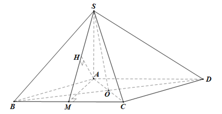 Cho hình chóp S.ABCD có SA vuông góc với đáy, ABCD là hình thoi, góc ABC bằng  (ảnh 1)