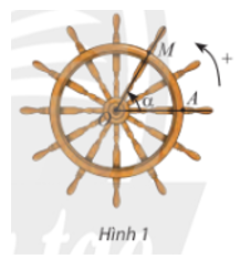 Một chiếc bánh lái tàu có thể quay theo cả hai chiều. Trong Hình 1 và Hình 2, lúc đầu thanh OM ở vị trí OA.  a) Khi quay bánh lái ngược chiều kim đồng hồ (Hình 1), cứ mỗi giây, bánh lái quay một góc 60°. (ảnh 1)