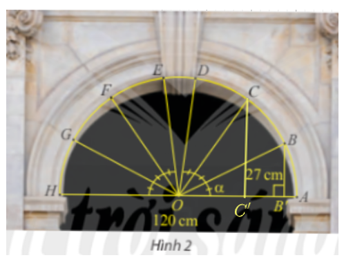 Trong bài toán khởi động, cho biết vòm cổng rộng 120 cm và khoảng cách từ B đến đường kính AH là 27 cm. Tính sin α và cos α, từ đó tính khoảng cách từ điểm C đến đường kính AH. Làm tròn kết quả đến hàng phần mười.  (ảnh 2)