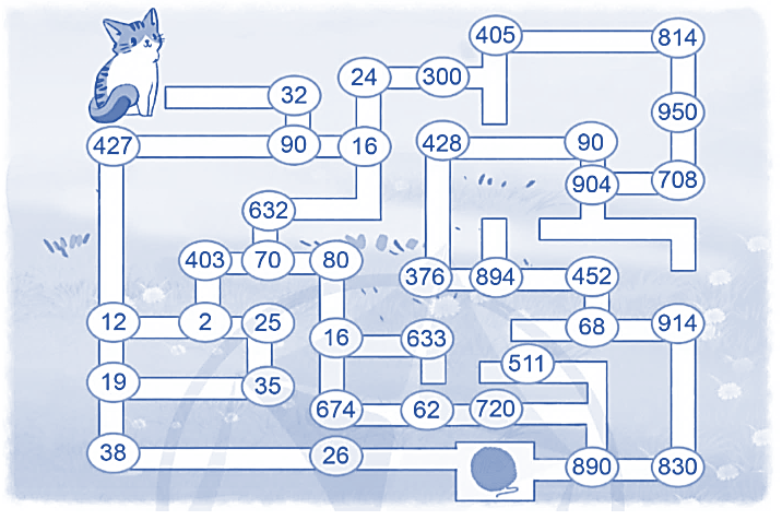 Em hãy chỉ đường giúp chú mèo tìm được cuộn len bị thất lạc bằng cách đi theo con đường ghi các số chẵn: (ảnh 1)