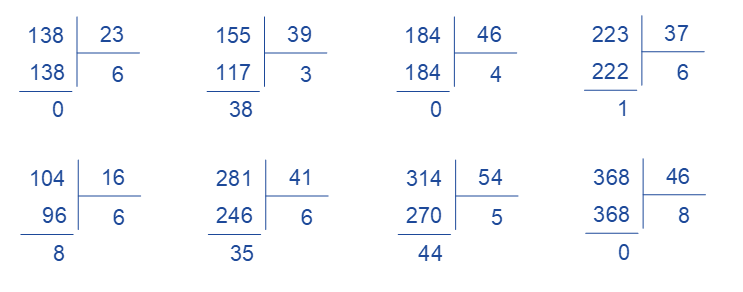 b) Tính: 138 : 23  155 : 39  161 : 24  164 : 82  104 : 16 281 : 41  242 : 33  139 : 17 (ảnh 1)