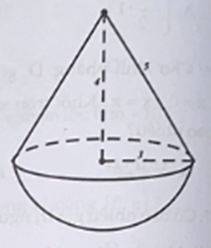 Một đồ chơi bằng gỗ có dạng có dạng một khối nón và một nửa khối cầu ghép với nhau như hình bên. Đường sinh khối nón bằng 5 cm, đường cao khối nón là 4 cm. Thể tích của đồ chơi bằng. (ảnh 1)