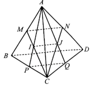 Cho tứ diện ABCD. Gọi M, N, P, Q lần lượt là trung điểm của các cạnh AB, AD, BC, CD. Chứng minh rằng giao tuyến của hai mặt phẳng (APQ) và (CMN) song song với đường thẳng BD.  (ảnh 1)
