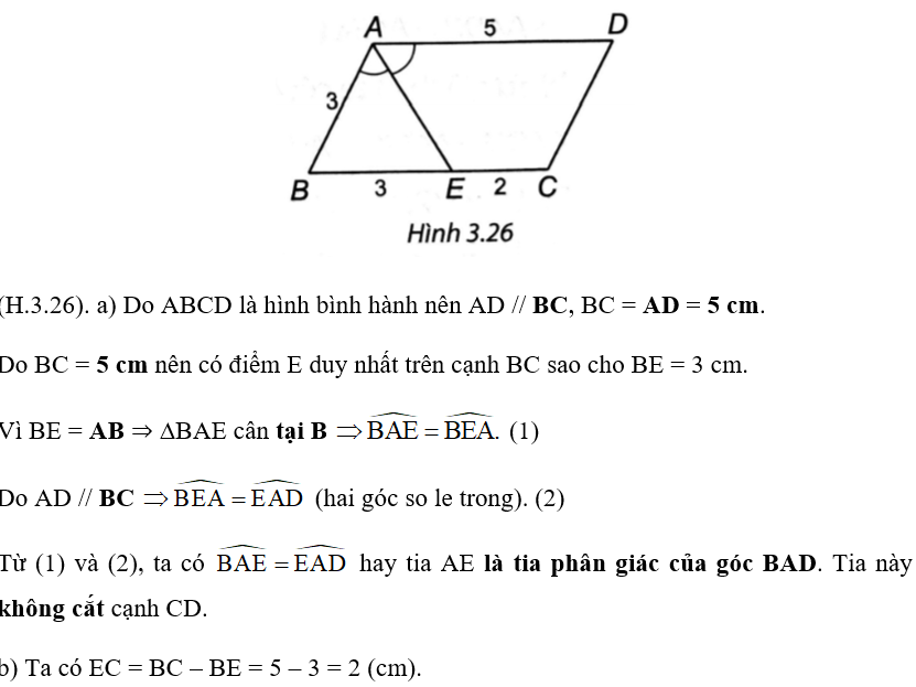 Cho hình bình hành ABCD có AB = 3 cm, AD = 5 cm. a) Hỏi tia phân giác của góc A cắt cạnh CD hay cạnh BC? b) Tính khoảng cách từ giao điểm đó đến điểm C. (ảnh 1)