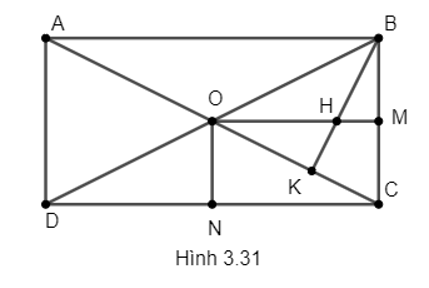 Cho hình chữ nhật ABCD. Gọi O là trung điểm của AC. Hạ OM vuông góc với BC tại M, ON vuông góc với BC tại N. (ảnh 1)