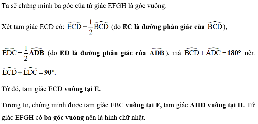 Cho hình bình hành ABCD. Các tia phân giác của góc A, B, C, D cắt nhau như trên Hình 3.39.    Chứng minh rằng EFGH là hình chữ nhật. (ảnh 2)