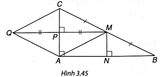 Cho tam giác ABC vuông tại A. Gọi M là trung điểm của BC còn P, N lần lượt là chân đường vuông góc hạ từ M xuống CA, AB (H.3.45).   a) Chứng minh hai tam giác vuông CMP và MBN bằng nhau. b) Chứng minh tứ giác APMN là một hình chữ nhật. Từ đó suy ra N là trung điểm của AB, P là trung điểm của AC. c) Lấy điểm Q sao cho P là trung điểm của MQ, chứng minh tứ giác AMCQ là một hình thoi. d) Nếu AB = AC, tức là tam giác ABC vuông cân tại A thì tứ giác AMCQ có là hình vuông không? Vì sao? (ảnh 1)