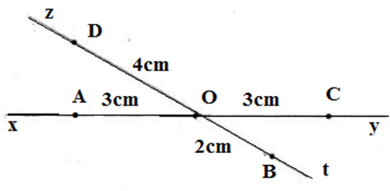 Vẽ hai đường thẳng xy và zt cắt nhau tại O. Lấy A thuộc tia Ox, B thuộc tia Ot, C (ảnh 1)