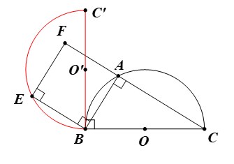 Cho điểm A chạy trên nửa đường tròn đường kính BC cố định. Vẽ về phía ngoài tam giác ABC hình vuông ABEF. Chứng minh rằng điểm E chạy trên một nửa đường tròn cố định. (ảnh 1)