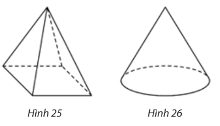 Phác họa hình chiếu vuông góc của: a) Khối chóp tứ giác đều (Hình 25). b) Khối nón tròn xoay (Hình 26). (ảnh 1)