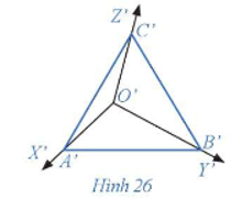 Cho hình chóp tam giác đều O.ABC có các góc AOB, BOC, COA đều là góc vuông. Xét hệ trục tọa độ vuông góc OXYZ sao cho A, B, C lần lượt nằm trên các trục OX, OY, OZ. Gọi (P) là mặt phẳng đi qua ba điểm A, B, C và (P') là mặt phẳng song song với mặt phẳng (P).  Giả sử ℓ là đường thẳng không song song với (P') và không song song với các trục tọa độ, các điểm O', A', B', C' lần lượt là hình chiếu song song theo phương ℓ của các điểm O, A, B, C trên mặt phẳng (P') (Hình 25). (ảnh 2)
