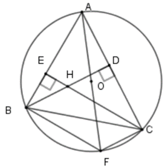 Cho tam giác ABC nội tiếp đường tròn tâm O, hai đường cao BD và CE cắt nhau (ảnh 1)