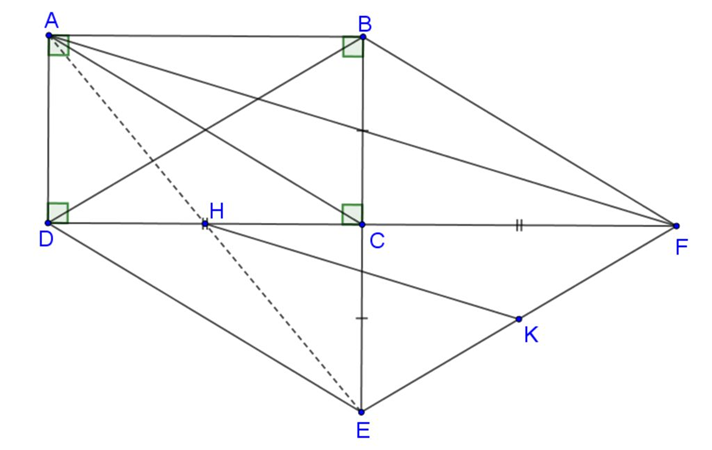 Cho hình chữ nhật ABCD. Vẽ điểm E đối xứng với B qua điểm C; vẽ F đối xứng (ảnh 1)