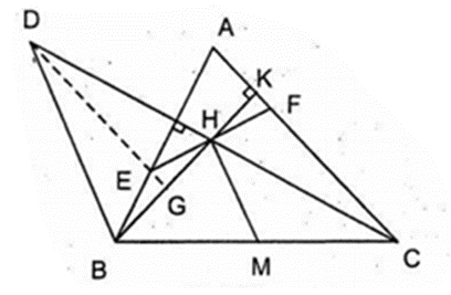 Cho tam giác nhọn ABC, trực tâm H, M là trung điểm của BC. Qua H kẻ đường thẳng  (ảnh 1)